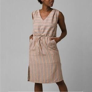 Prana Sleeveless V-Neck Midi Dress in Blush and Cream Stripe